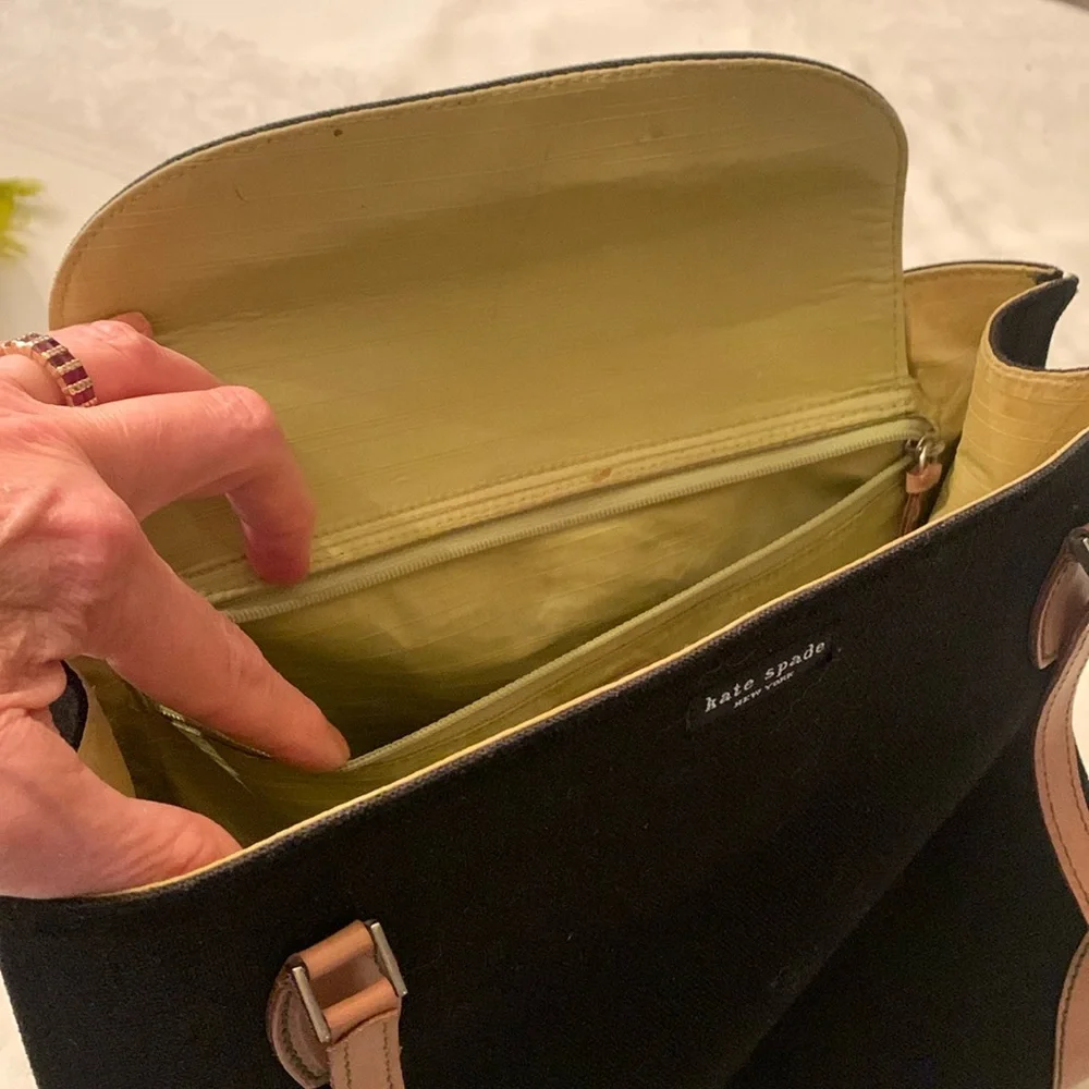 Elegant Kate Spade Black Fabric with Tan Leather Handbag (vibrant green lining)
